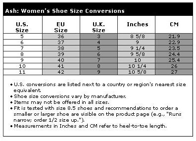 Ash Sneakers Size Chart