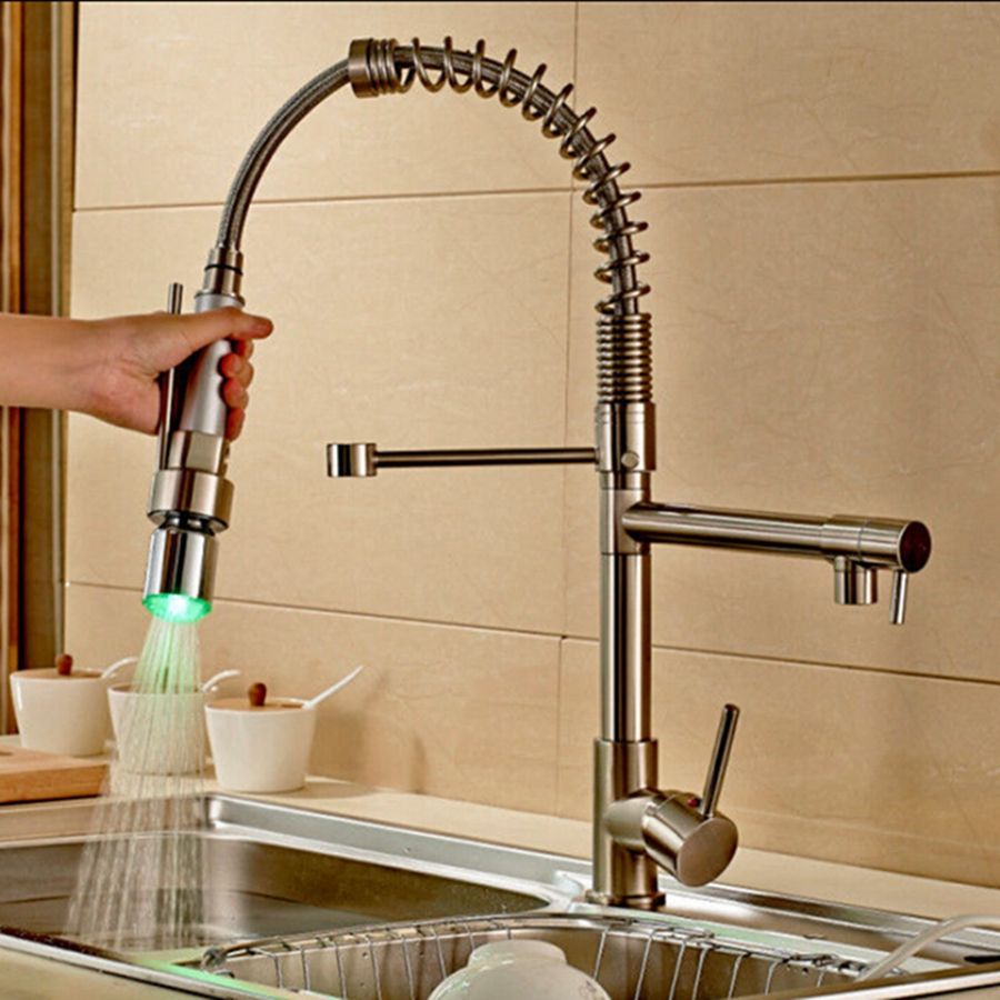 2020 Wholesale And Retail Brushed Nickel Kitchen Faucet Swivel Spouts Led Sprayer Deck Mounted Vessel Sink Mixer Tap From Gonglangno1