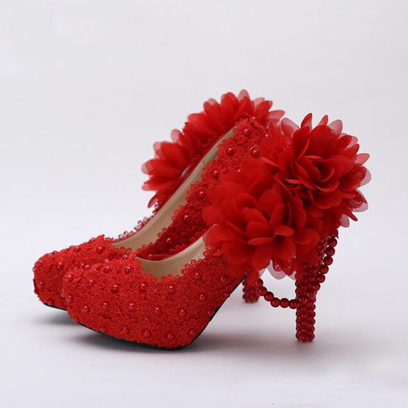 White Flower Lace Platform Bridal Shoes Beautiful Women High Heels