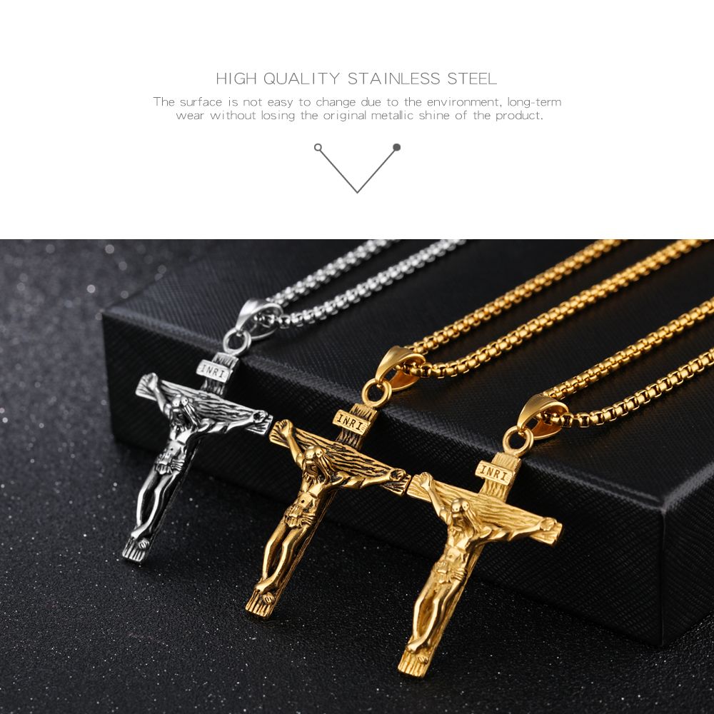 Metal Color: B, Length: 55cm Davitu Classic Men Cross Necklace & INRI Jesus Pendant Antique Gold Color Stainless Steel Box Link Chain Male Jewelry,JM810
