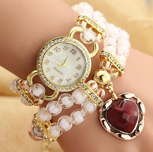 New Vintage Heart Tag Rhinestone Pearl Heart Bracelet Watches Women ...