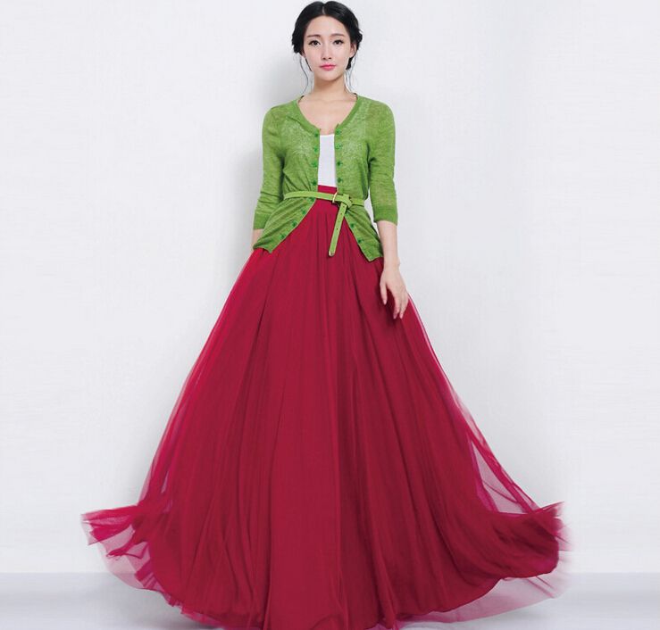 red chiffon maxi skirt