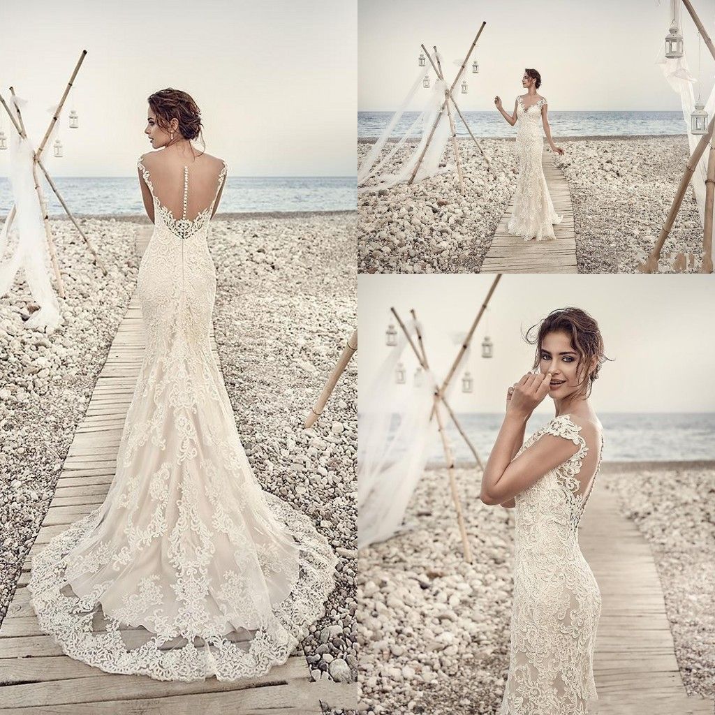 2017 Modern Arabic Mermaid Sheath Wedding Dresses Illusion Cap Sleeves Court Train Lace Appliques Plus Size Sheer