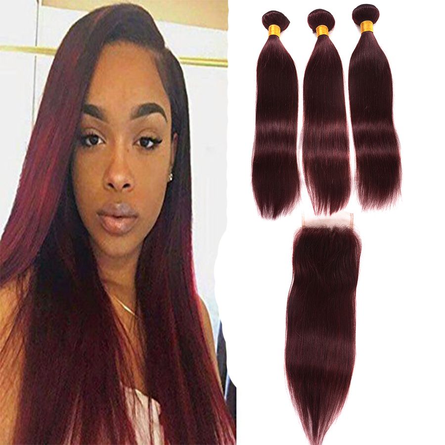 2019 Malaysian Peruvian Burgundy Hair With Lace Closure Straight