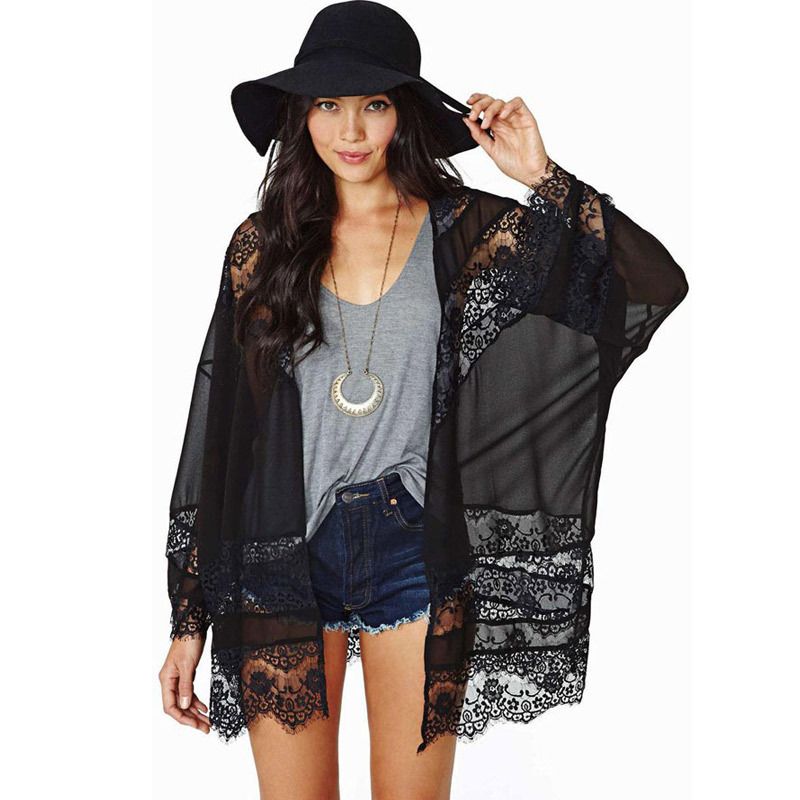 Sexy Black Chiffon Lace Stitching Cloak Beach Cover Up Swimsuit Cover