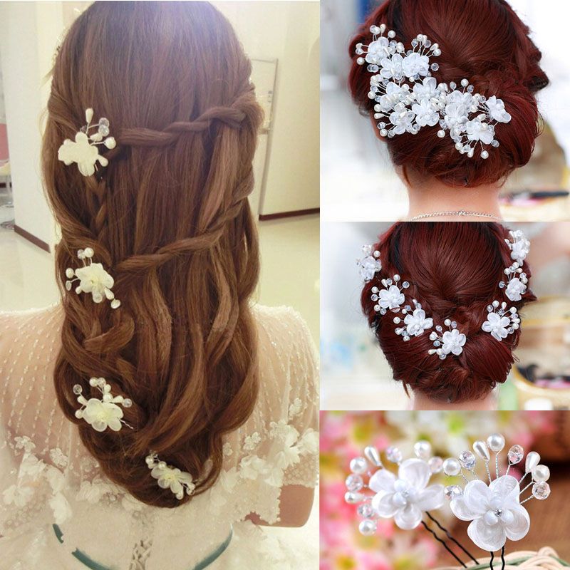 Elegant Bridal Wedding Hair Clips Mini U Pin Lace Flower Beads Bridal