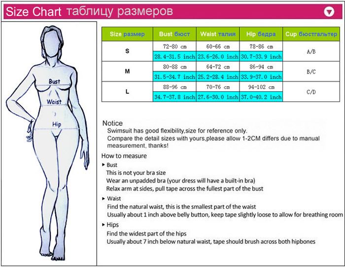 Size Chart Women Bathing Suits