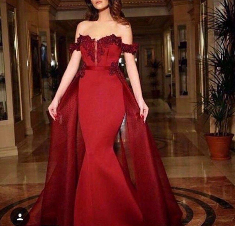 Vestido de fiesta 2 Piezas Red vestidos de noche largo del hombro desmontable tren gasa sirena Vestido de fiesta 2 Piezas Red vestidos de noche largo del hombro desmontable tren gasa sirena