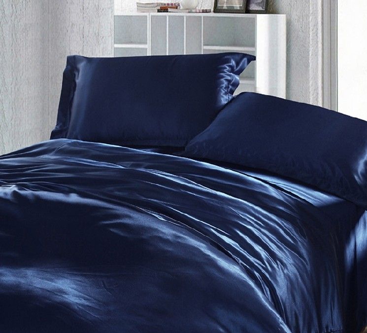 Wholesale Dark Blue Bedding Set Silk Satin Super King Size Queen