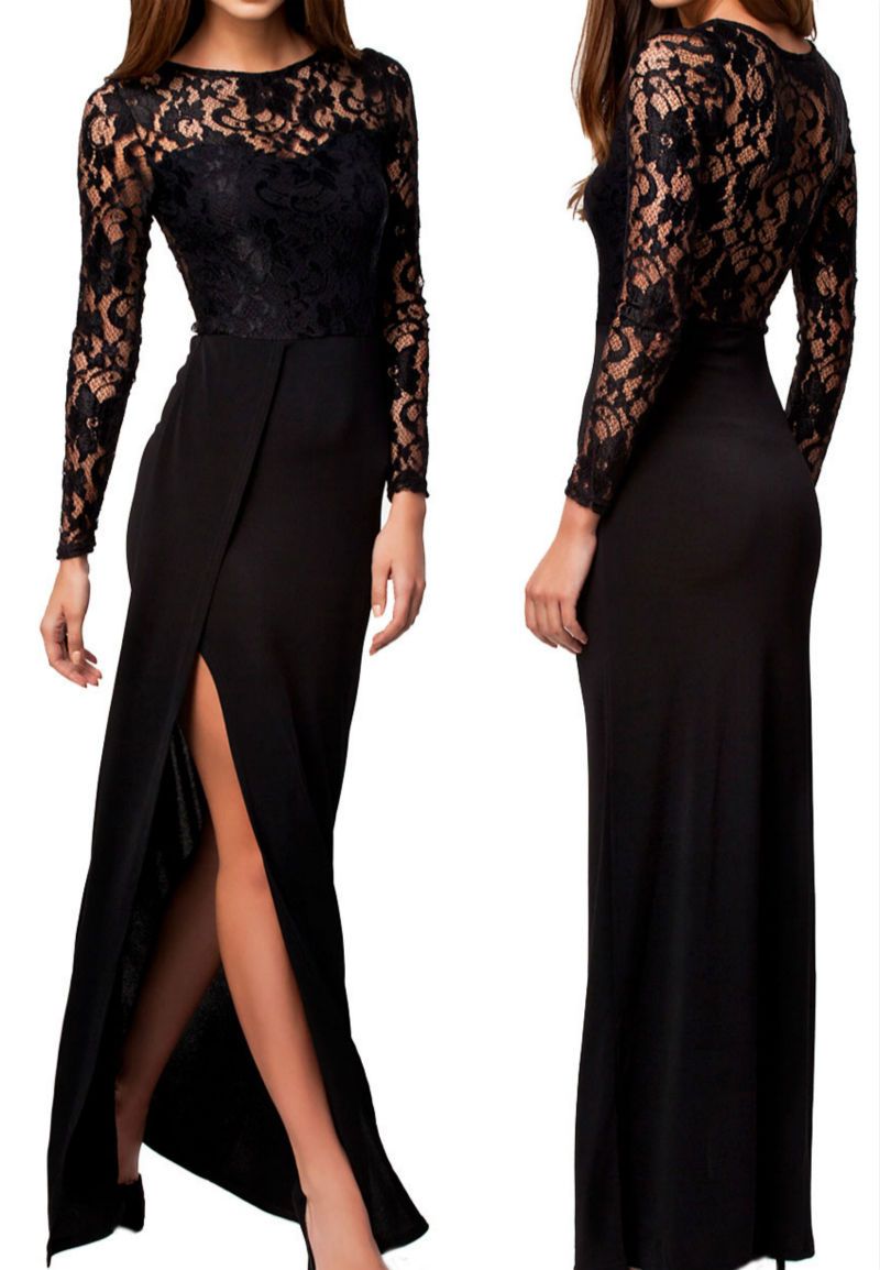 Thigh High Slit Long Sleeve Lace Evening Dresses Cheap Floor Length Black Winter Dresses For 