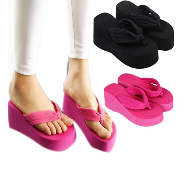 Women Casual High Heels Slippers Flip Flops Shoes Ladies Sandals Wedge Beach US