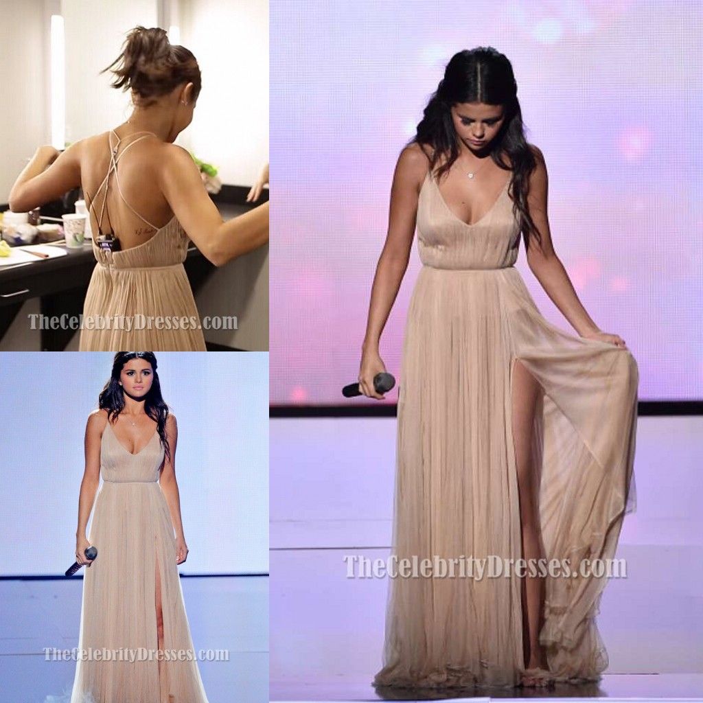 Selena Gomez Champagne correas espaguetis vestidos con cuello en V sin mangas vestidos de noche sin Selena Gomez Champagne correas espaguetis vestidos con cuello en V sin mangas vestidos de noche sin