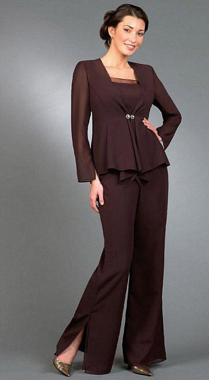 Plus Size Black Mother Of The Bride Pants Suits Long Sleeve Chiffon Outfit Coat 