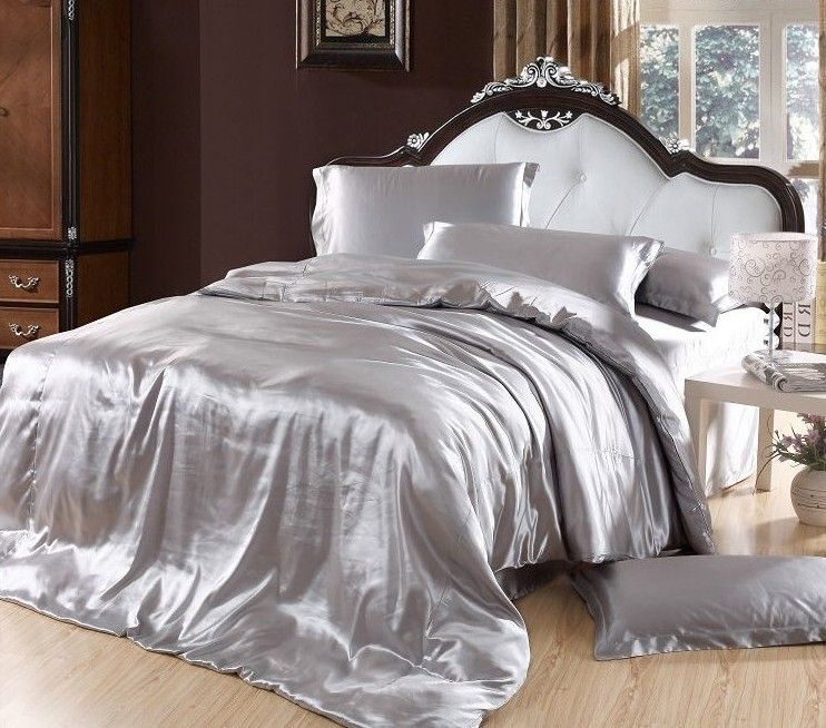 Silver Duvet Cover Bedding Sets Grey Silk Satin Super King Size