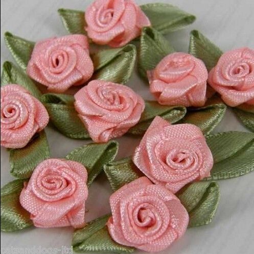 Satin Ribbon Roses With Leaves Beautiful Pale Rose Pink Embellishments! 100
