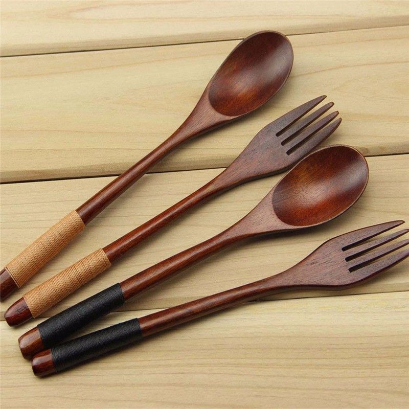 Discount Spoon Fork Wooden Flatware Set Eco Friendly Reusable Natural