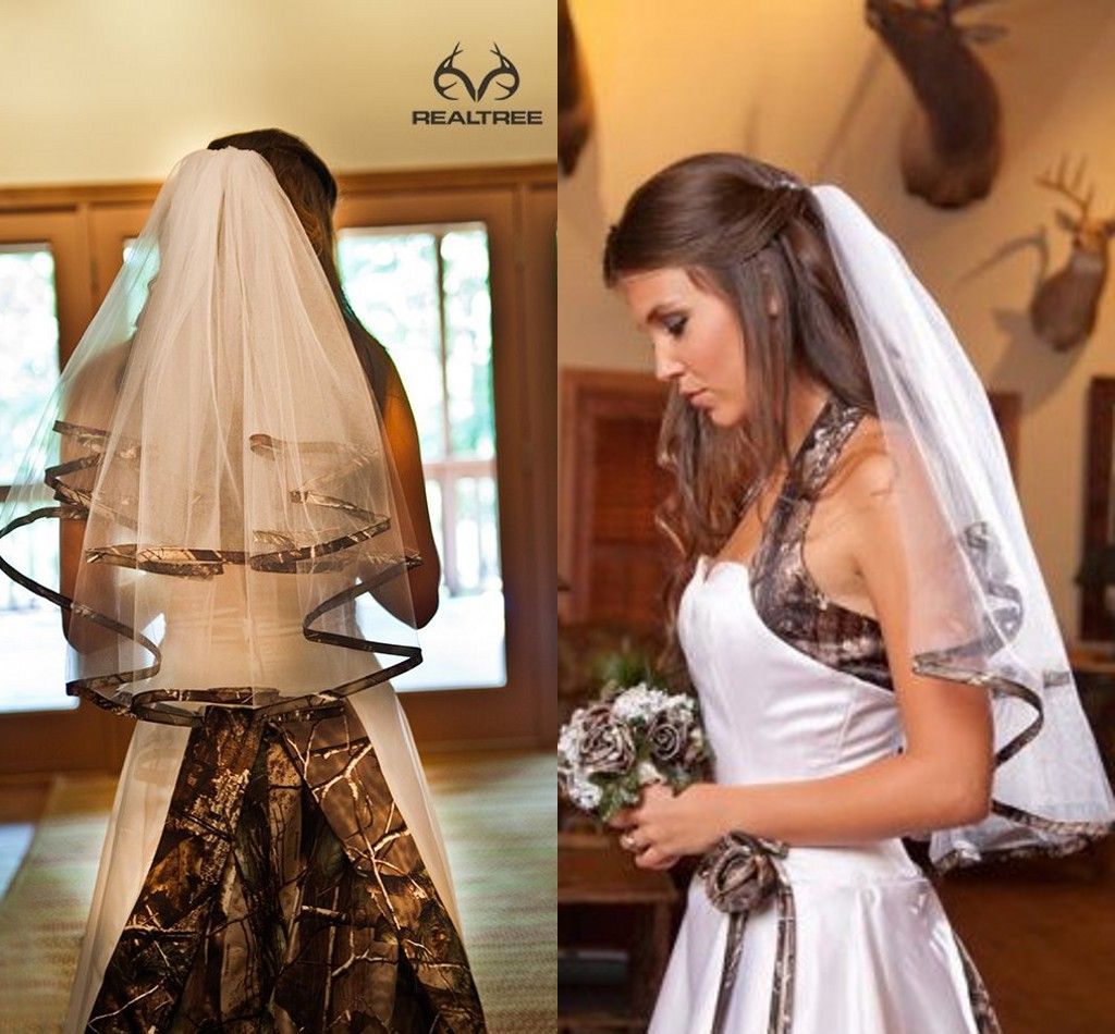 Elegant Camo Short Bridal Veils Elbow Length Camo Ribbon Edge