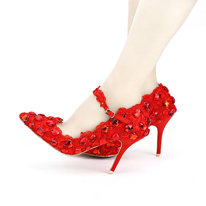 Red Lace Rhinestone Wedding Shoes Pointed Toe Luxurious New