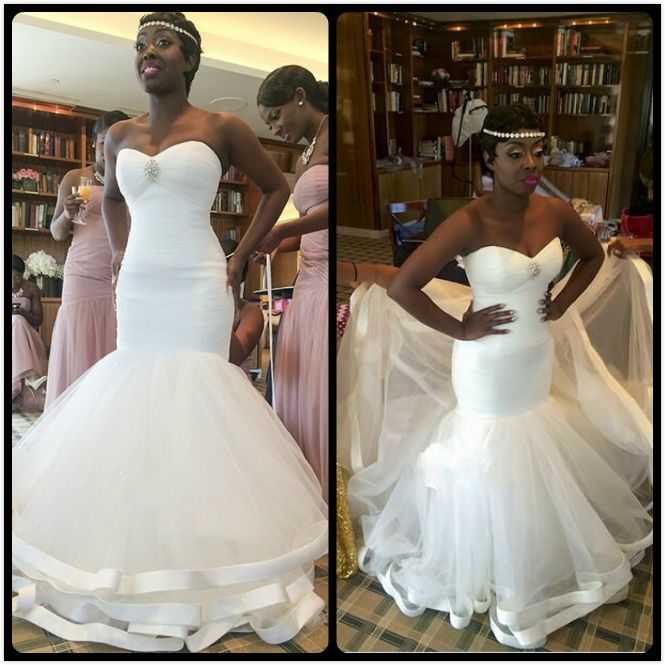 strapless ruched mermaid tulle wedding dress