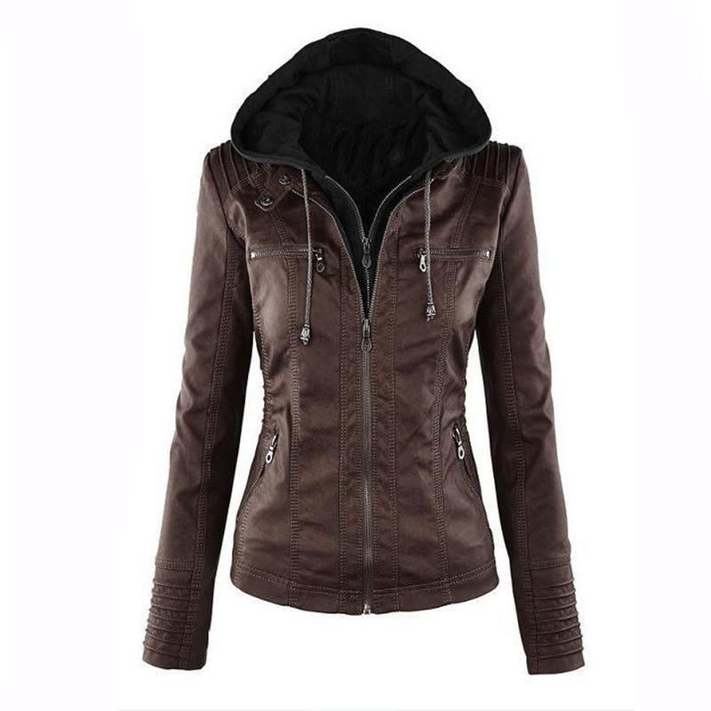 ZIXINGA Womens Faux Pu Leather Jacket Detachable Hood Biker Jackets
