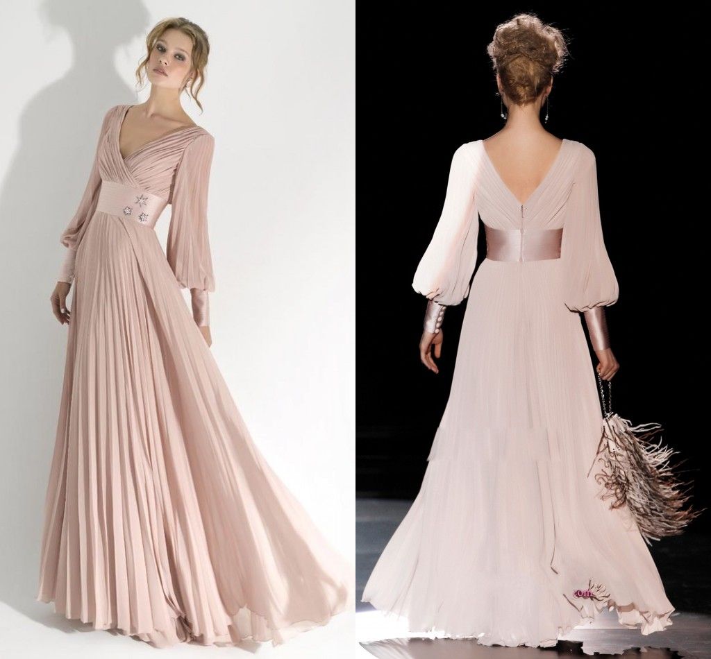 Light Pink Prom Dresses Long Sleeve Evening Formal Gown 2021 Pleated V