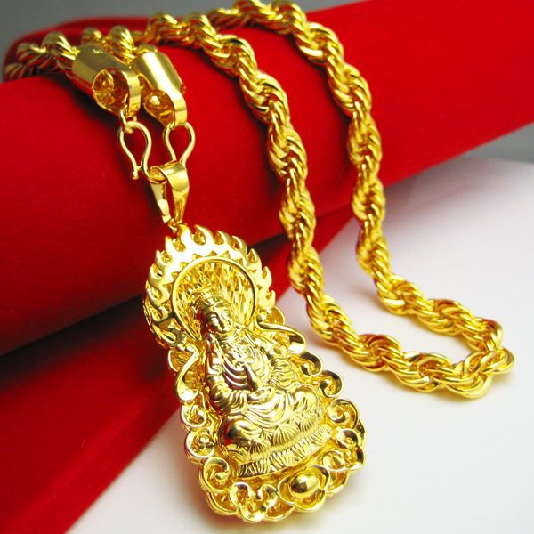 Whole Gold Necklace Men Do Not Fade Guanyin Pendant Brand Imitation Gilded Buddha 999 Long Thick Twist Silver