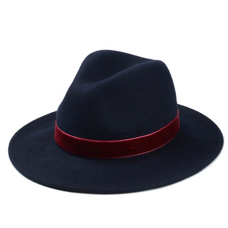 2021 New Classical Winter Flat Brim Fedora Hat 100 Wool Navy Blue