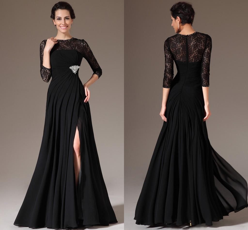 Black Long Sleeve Formal Evening Dresses 2014 Sheath Sheer Crew