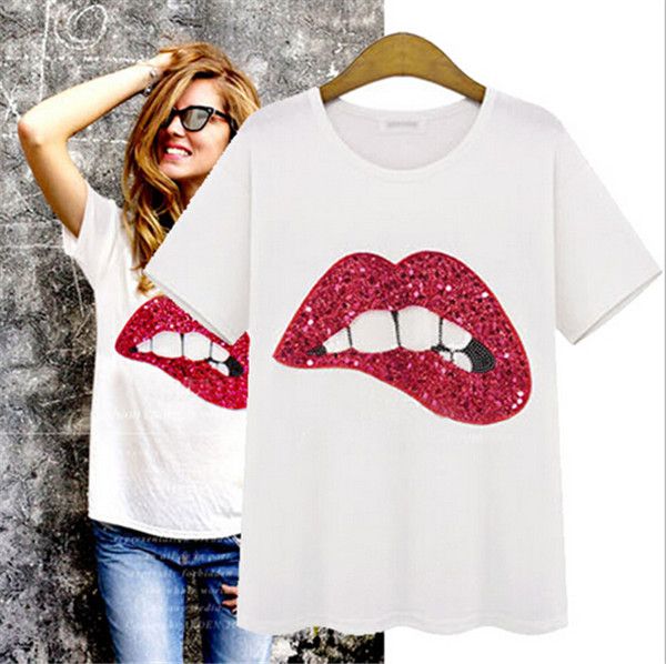 Moda europea 2015 Summer Sequin camisetas Street vestido de mujer Labios Granos hechos mano