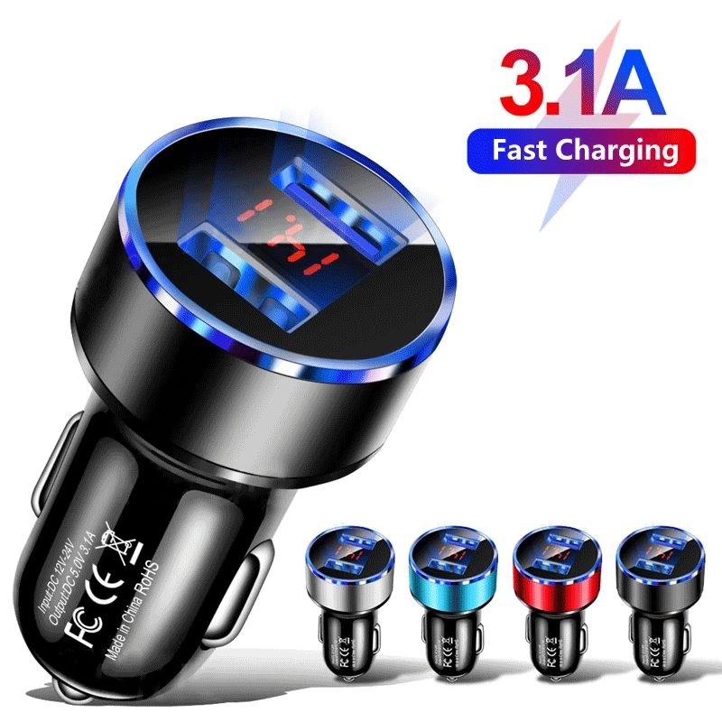 3.1A Dual USB Car Charger for iPhone 12 6s 7 8 11 Tablet Xiaomi Samsung S10 With LED Display Universal Mobile Phone Car-Charger