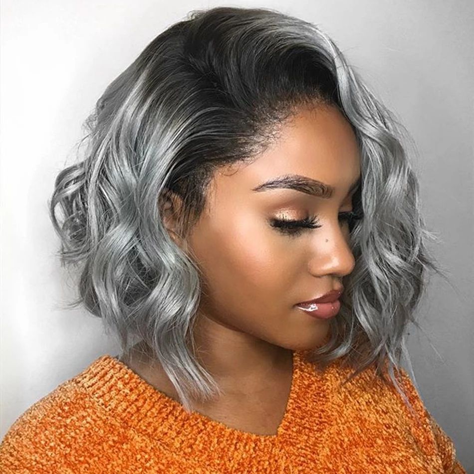 Silver Gray Blonde Bob 13x6 Lace Front Human Hair Wigs Side Part Body Wave  13x4Lace Frontal