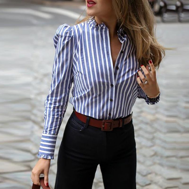 Mujeres de manga larga con rayas de manga hinchazón manga blusa casual, elegante,