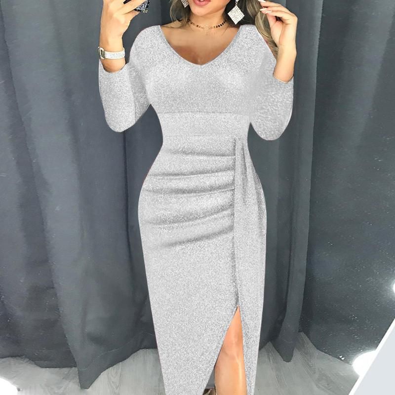Vestido Largo Hasta El Tobillo Con Cuello En V Sólido De Med Vestido Largo Hasta El Tobillo Con Cuello En V Sólido De Med