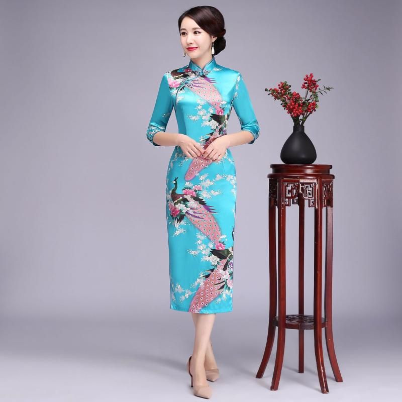 Озеро синий половина рукава китайских традиционных женщин Qipao Classic Peacock длинное винтажное платье Cheongsam сексуальное платье плюс размер 5xL 6xL повседневная платье