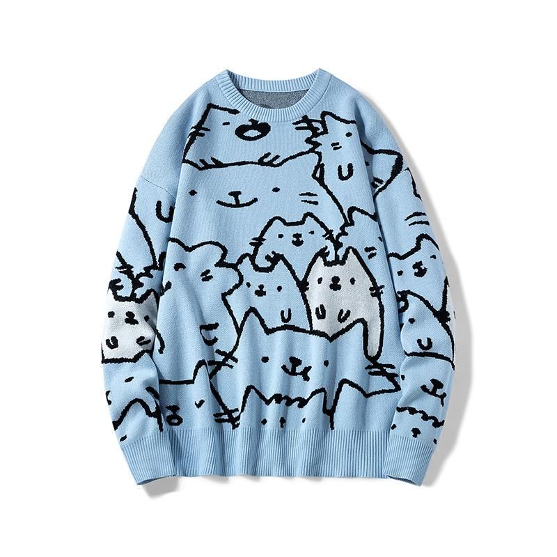 Suéteres para hombre Autumn Anime Sweater de punto Oversized Harajuku  Turtleneck Dibujos animados sueltos Lindo Cat