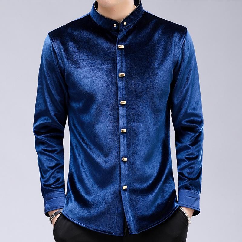 Compra Velor Camisas Rojas Para Hombre Vestido De Terciopelo Azul Para  Hombre Mandarin Cuello De Gran Tamaño Claret Claret Año Chino Paño De  Navidad Borgoña Hombres Casual Barato | Entrega Rápida Y