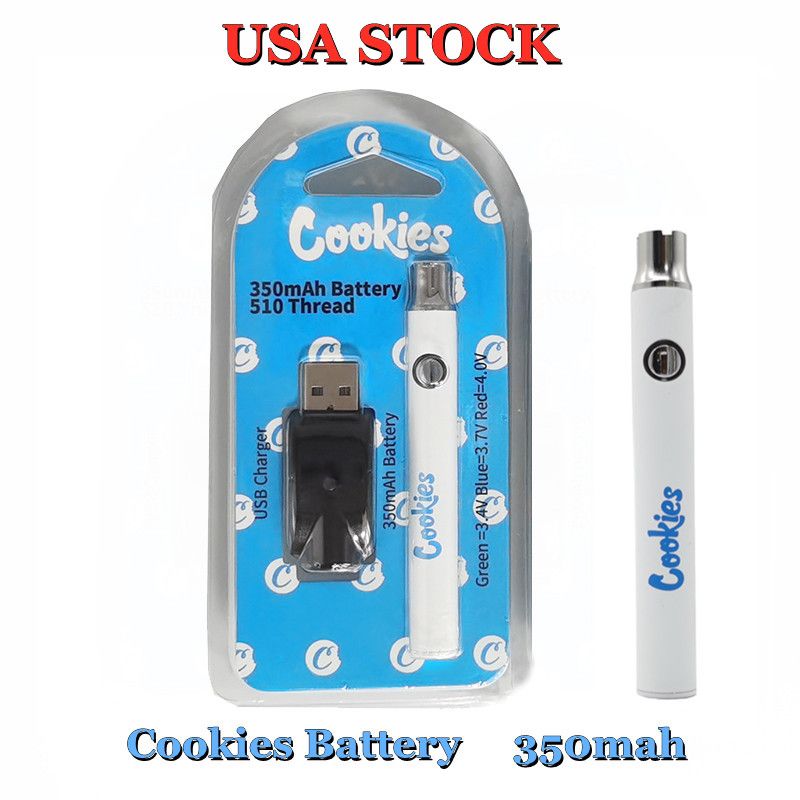 USA Zasoby Cookies Vape Pen Bateria 350mAh Ładowarka USB Blister Pack Zestaw Podgrzewanie Vaporizer Cart Bateria Zmienna Napięcie Baterie Starter Zestawy E Papierosy