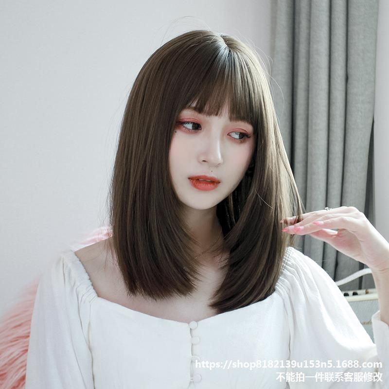 Female Korean Clavicle Round Face Shaving Medium Short Hair Shoulder Length  Mid Long Full Head Wig Cover