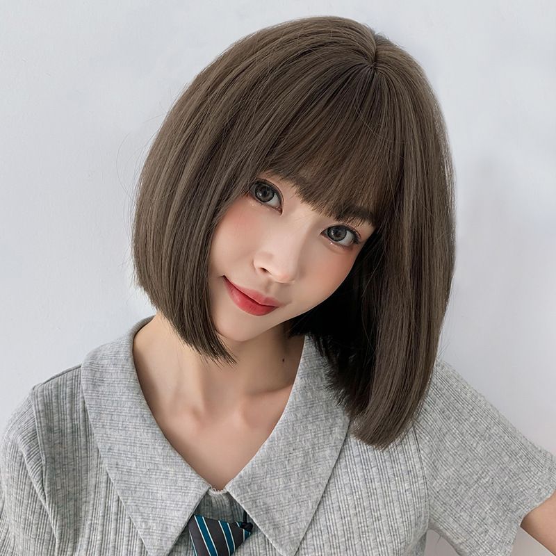Wig Womens Short Hair Korean-Style Cute Cartoon Bangs round Face Girl  Collarbone Length Haircut Full-