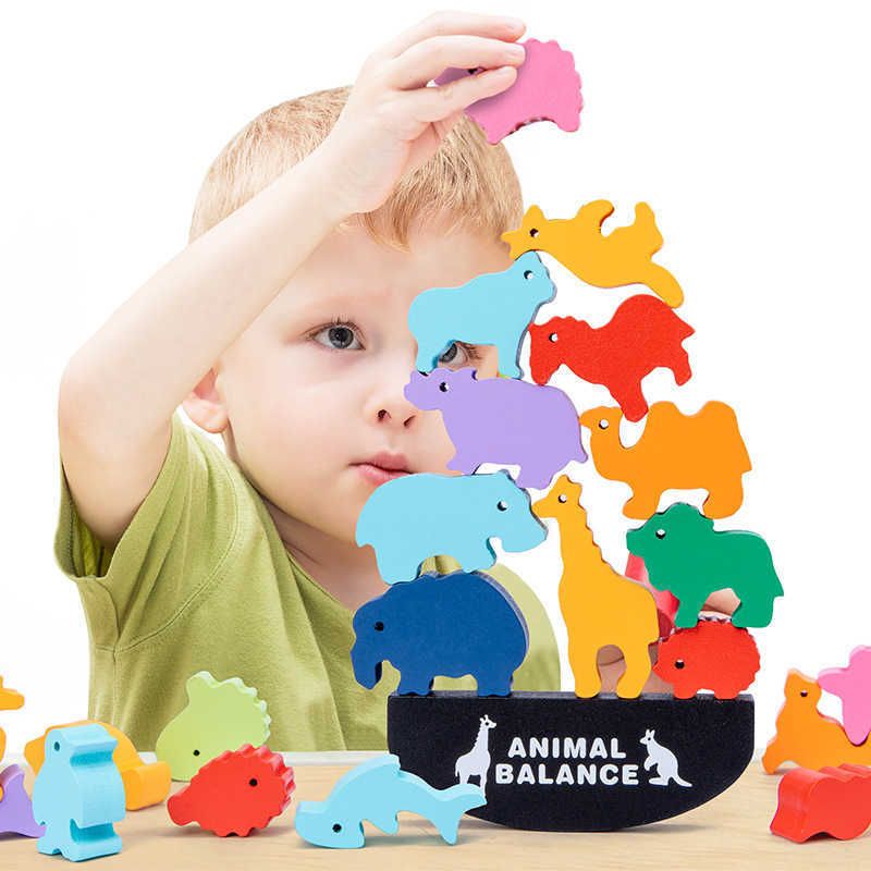 الأطفال مونتيسوري خشبية الحيوانية توازن كتل مجلس ألعاب لعبة ديناصور التعليمية التراص عالية بناء كتلة الخشب لعبة الأولاد
