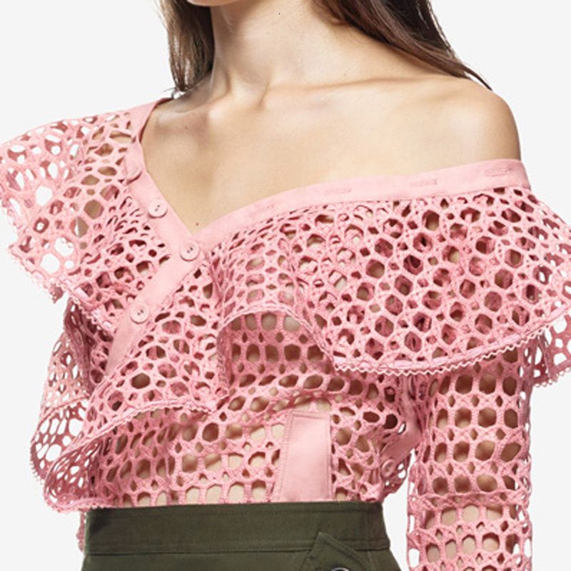 Camisa de la moda de las mujeres rosa de un hombro Slash Guipur-Lace Tops