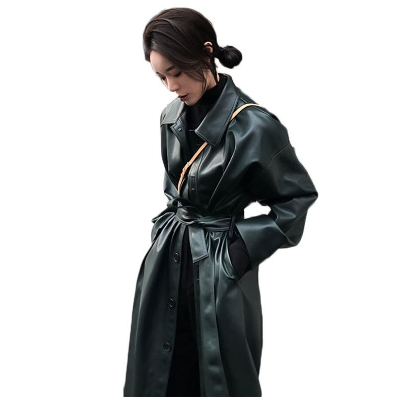 Cool en cuir synthétique longue Veste Femmes Ample Ceinture PU Cuir Trench Slim Manteau Cool en cuir synthétique longue Veste Femmes Ample Ceinture PU Cuir Trench Slim Manteau