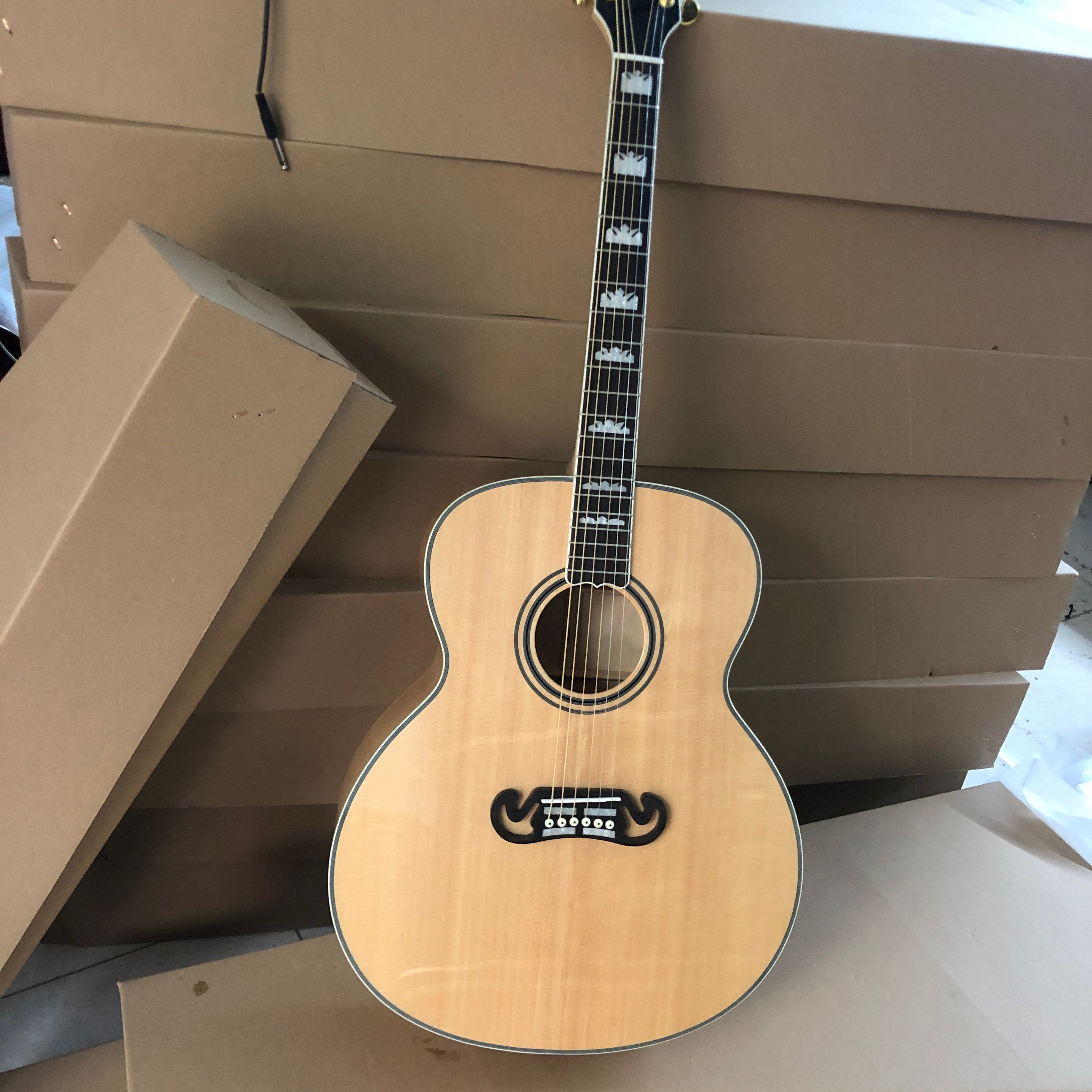 43 Inches Natural Wood Jumbo 200 Acoustic Guitar Solid Spruce Top Flame
