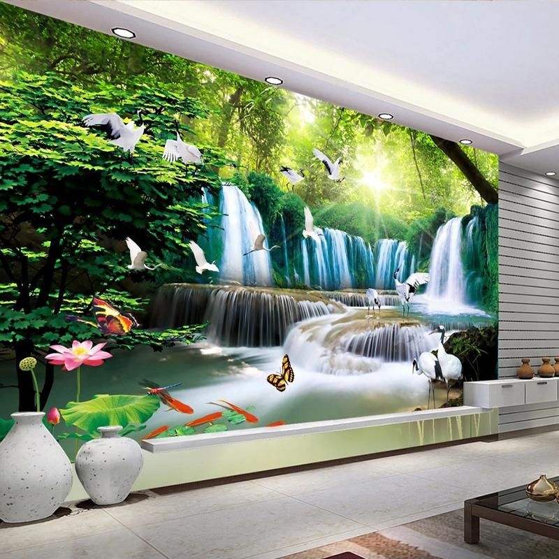 Wallpapers Customized Size 3D Wallpaper Nature Landscape Lotus Waterfall  Animals Wall Mural In The Hall Living Room House Decoration Salon