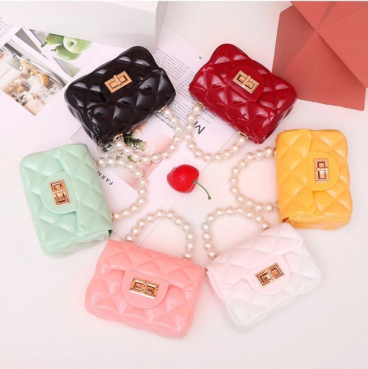 Mini Candy Color PVC Jelly Mini Handbags With Long Chain And Pearl
