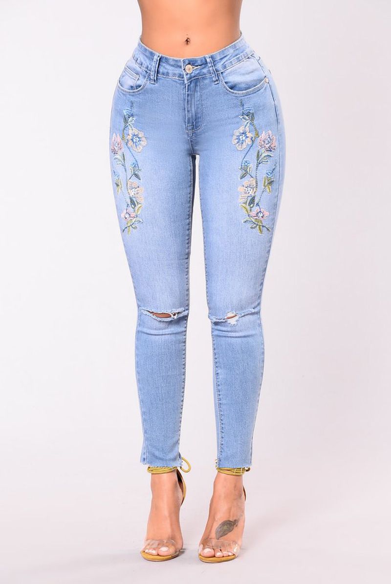Bordado flor jeans floral alta cintura gota delgado delgado pantalones vaqueros lápiz pantalones lápiz azul claro estiramiento rasgado de algodón pantalones de mezclilla