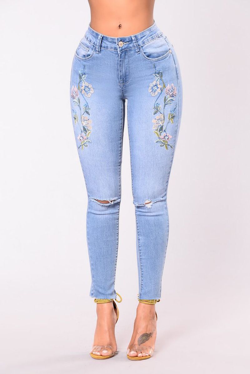 Bordado flor jeans mujeres floral alta cintura gota delgado delgado pantalones pantalones lápiz azul claro estiramiento rasgado de algodón pantalones de