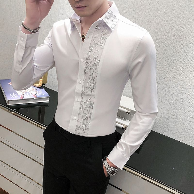 Camisetas empalme recortada de encaje Hombre de manga larga Slim Fit Fashion Peluquero Camisa