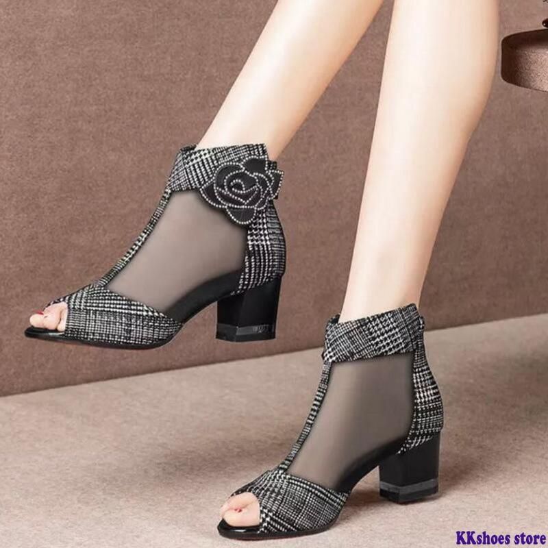 Acheter Pas Cher Sandales Bottes Mailles Chaussure Femme Femme Cheville  Peep Toe Hauteur Talon Chaussures Sexy Arrière Back Zip Chunky Talon Fleur  Noir Rouge Du 43,54 € | Fr.Dhgate