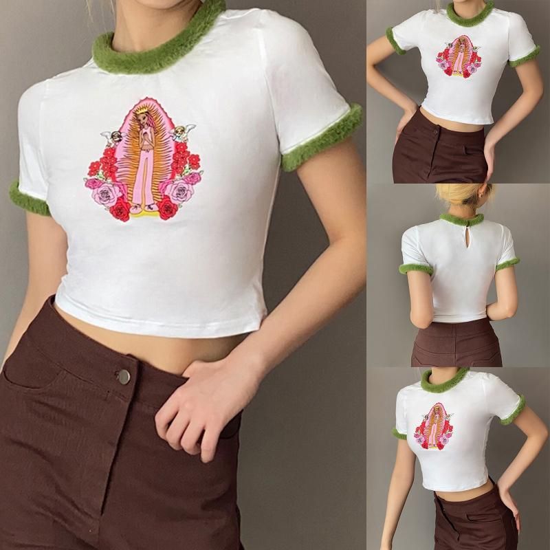 Женская футболка мода с коротким рукавом O-шеи пушистые плюшевые отделки стильный мультфильм узор на дереве женщины повседневная дикая летняя рубашка одежда
